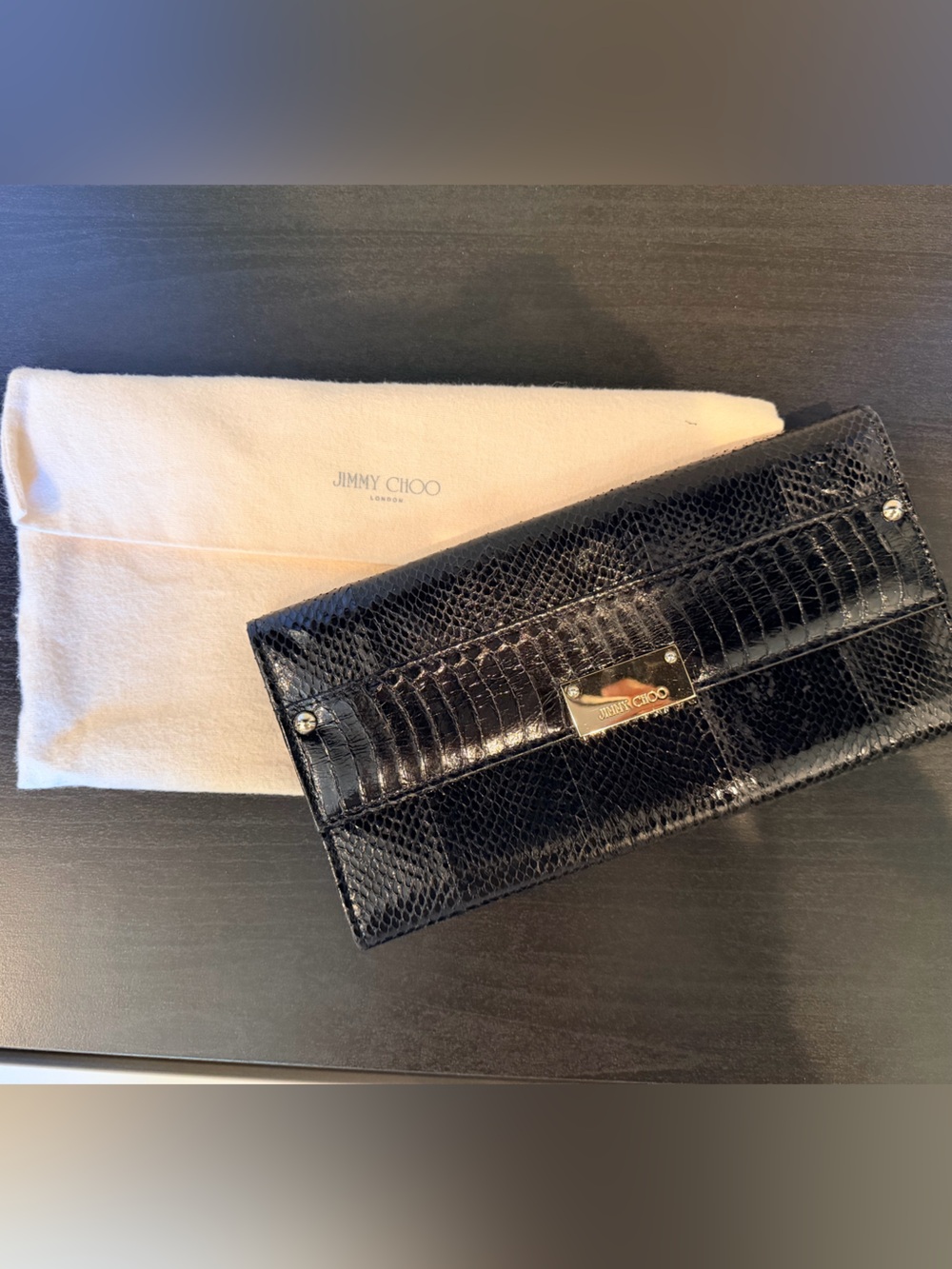 Jimmy Choo Black Patent Croc-Embossed Wallet with Gold Plaque